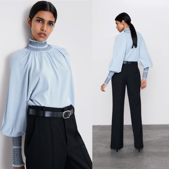 Zara Tops - NWT Zara Smocked Light Blue Puff Turtleneck Blouse